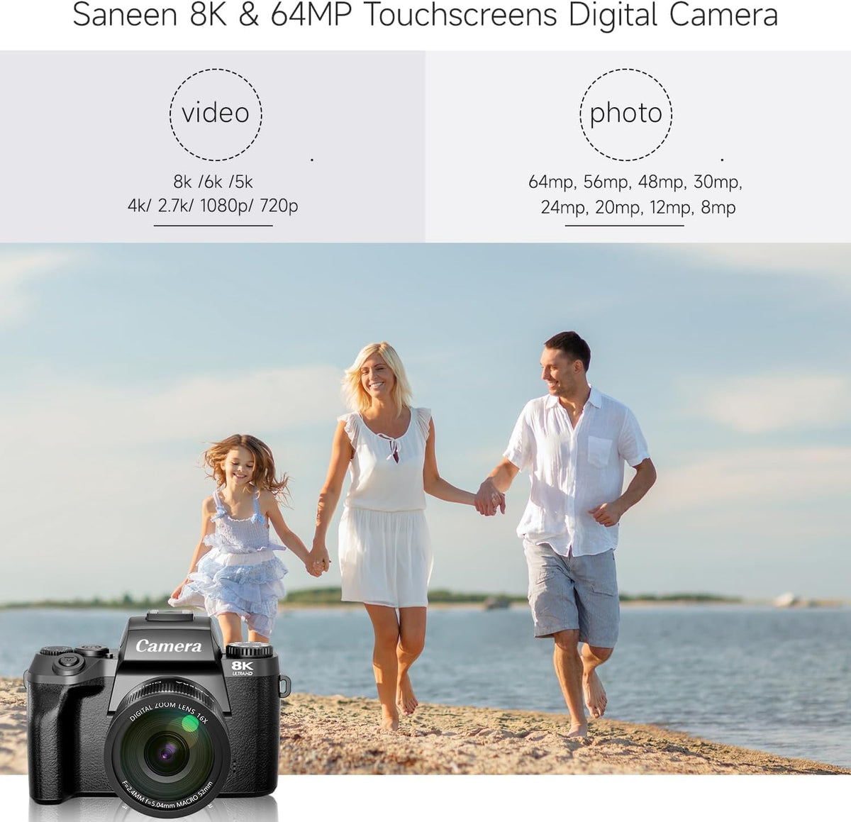 8K Digital Camera, 64MP WiFi Cameras for Photography with 4" Touchscreen, 16X Zoom Autofocus Professional Dual Camera, 3000MAh Battery, 32GB TF Card, Flash, Lens Hood