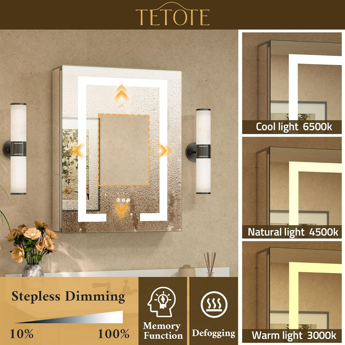 TETOTE LED Lighted Medicine Cabinet Mirror with Tempered Glass 16 x 24 Recessed or Surface Mount Bathroom Cabinet with Lights and Storage, Outlets & USB, 3-Color Dimming, Defog, Adjustable Shelves