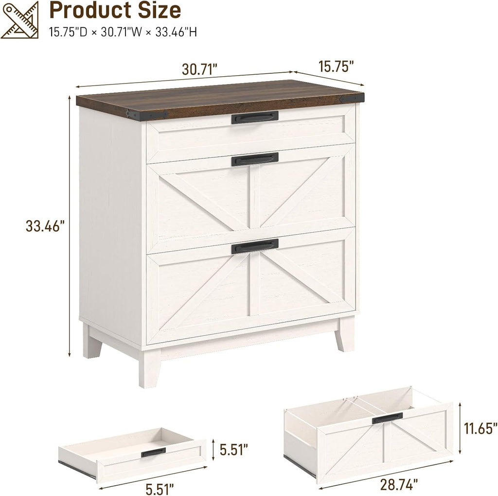Vabches Lateral File Cabinet with 3 Drawers, Farmhouse File Cabinet for Legal/Letter/A4 Size Hanging Files, Large Wood Printer Stand Home Office, Rustic White