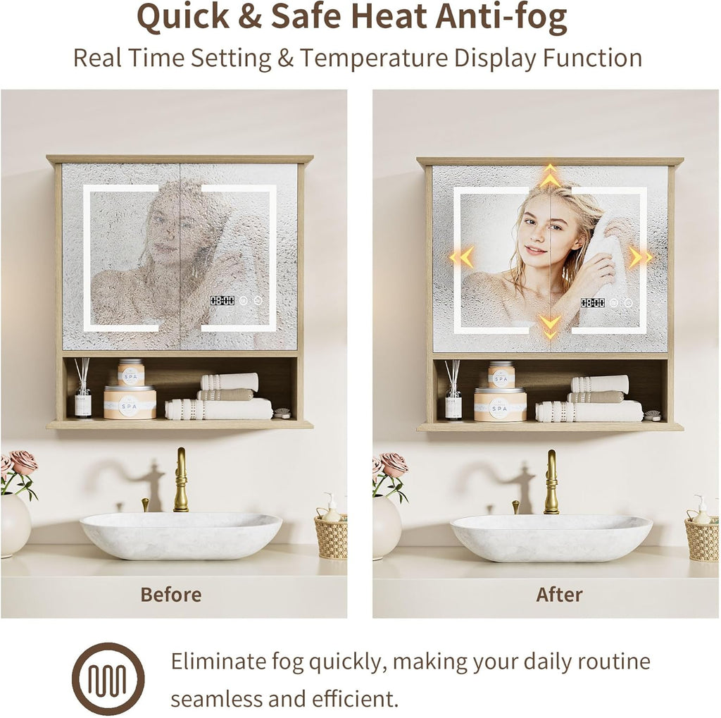 Bathroom Medicine Cabinet with Mirror, Lighted Storage Cabinet Wall Mounted with Doors & Adjustable Wood Shelf, Modern Bathroom Mirror with LED Lights Defogger for Makeup Laundry/Living Room, Oak