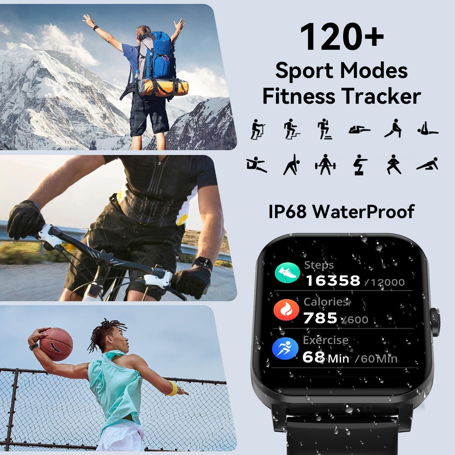 Smart Watch, 1.85" Smartwatch for Men Women (Answer/Make Call), Heart Rate, Sleep Monitor, Pedometer, 120+ Sport Modes Activity Tracker, IP68 Waterproof Fitness Watch for Android iOS（Black）