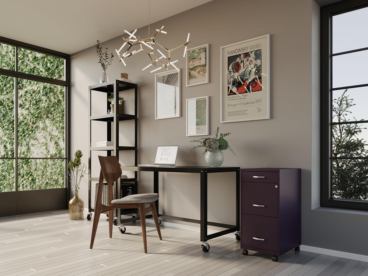 Hirsh Space Solutions 18" Deep Modern Mobile Metal Organizer File Cabinet with Cam Lock & Casters, 3-Drawer, Letter-Size, for Small Home/Home Office in Midnight Purple