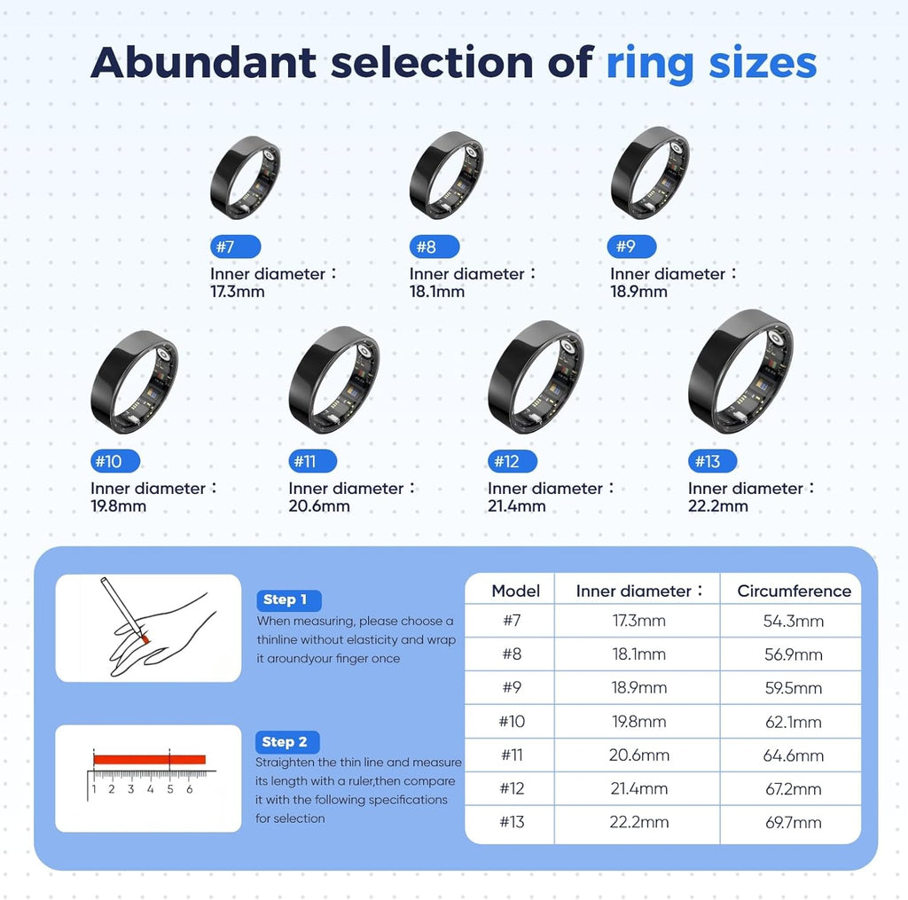 BIEMHA IP68 Waterproof Smart Ring - Fitness & Health Tracker with Sleep/Exercise Monitoring, Unisex for Women Men, iOS & Android Compatible, Long Lasting Battery Life, No Subscription (Silver, 7)