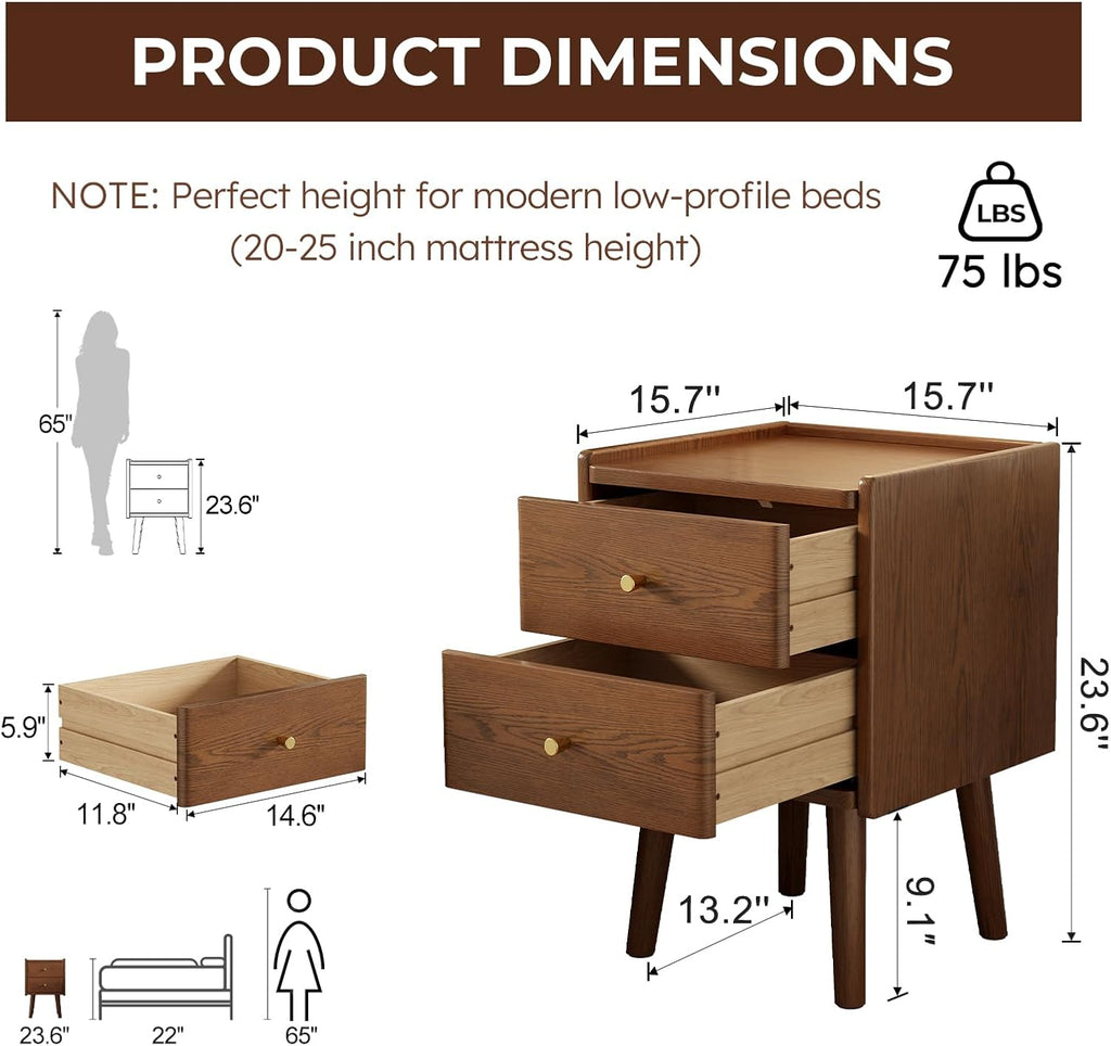 Walnut Nightstand, Solid Wood Nightstand, Modern Night Stand with Drawers, Wood Night Stand, End Table with Storage, Small Bedside Tables for Small Spaces, Walnut Bedside Table (23.6" H)