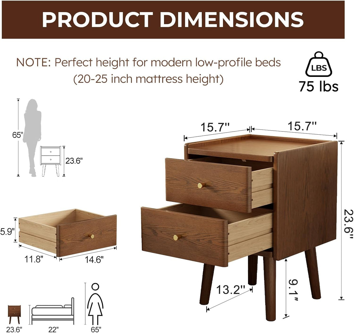 Walnut Nightstand, Solid Wood Nightstand, Modern Night Stand with Drawers, Wood Night Stand, End Table with Storage, Small Bedside Tables for Small Spaces, Walnut Bedside Table (23.6" H)