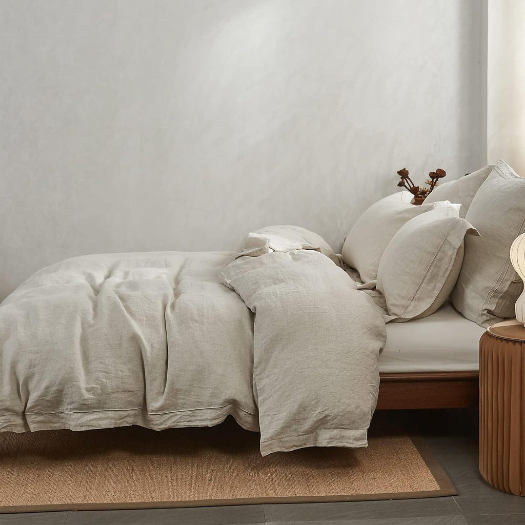 Simple&Opulence 100% Washed Linen Duvet Cover Set with Embroidered,3 Pieces Soft Farmhouse Comforter Set with Button Closure,1 Duvet Cover and 2 Pillowshams(King,Natural Linen)