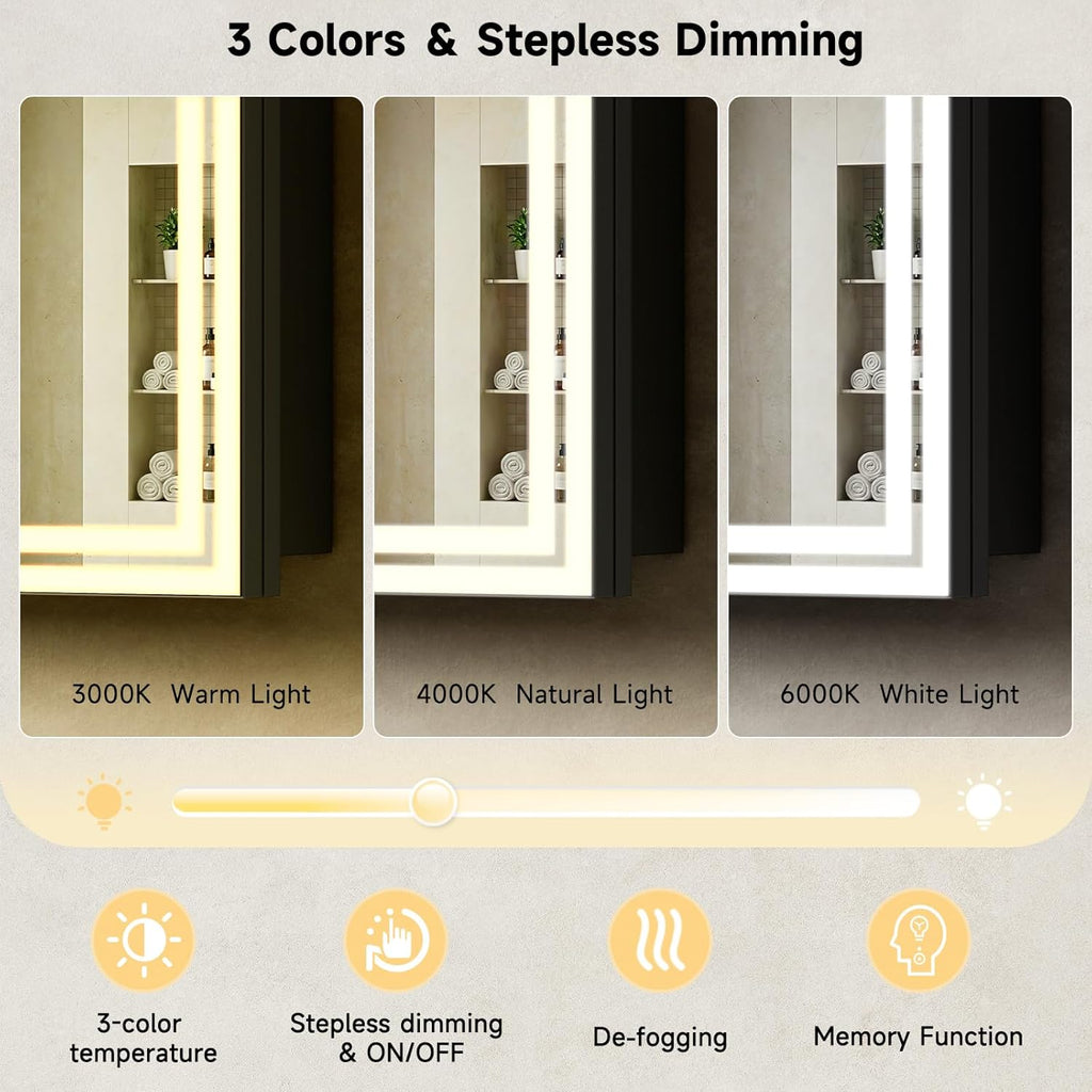 30"x32" Lighted Bathroom Medicine Cabinet, LED Medicine Cabinet Mirror with Electrical Outlet & USB Port, Defogger and Dimmable 3 Colors Adjustment, Aluminum Door Frame-Recessed/Wall Mounted