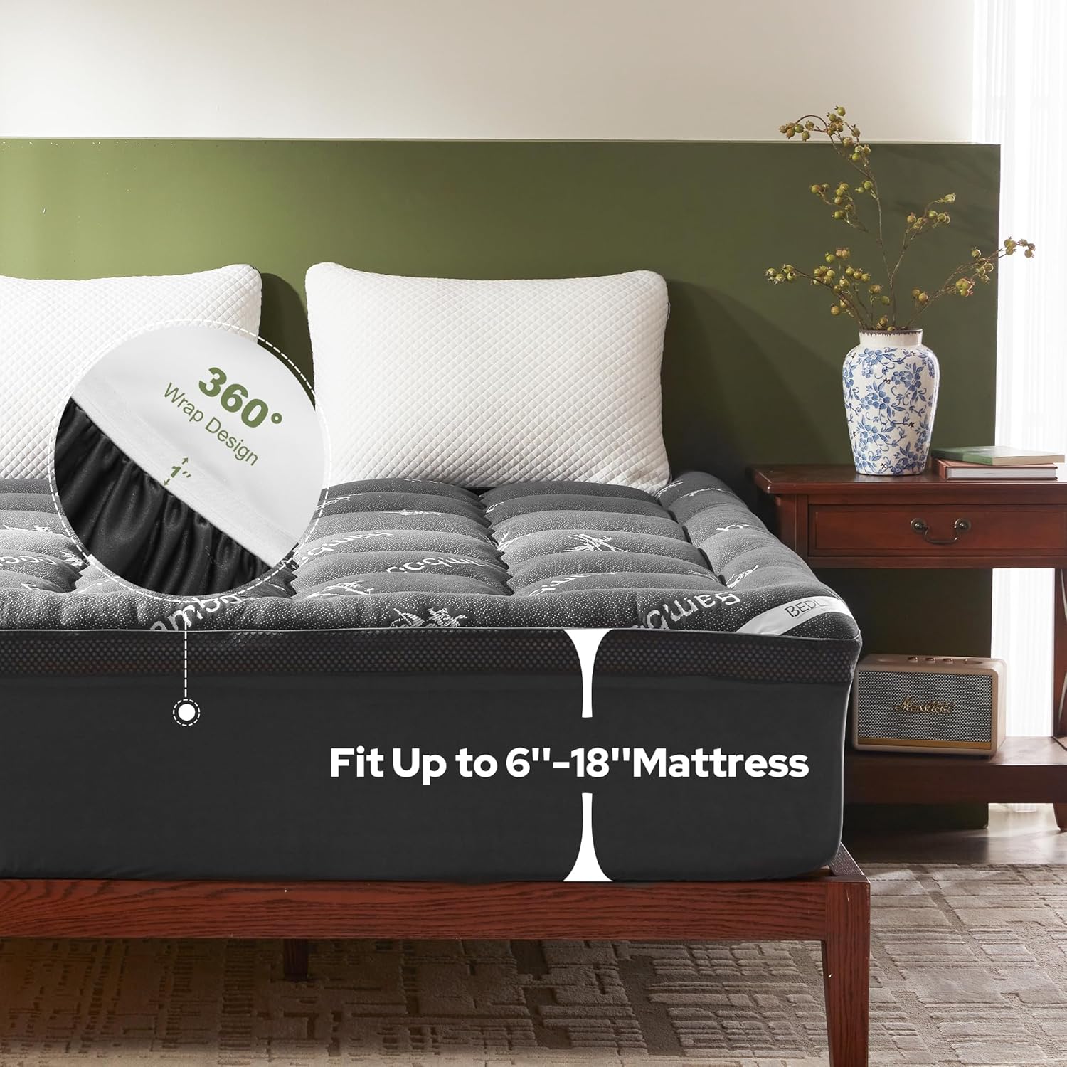 BEDLORE 4 Inch Memory Foam Mattress Topper Queen,2-in-1 Dual Layer Design (2" Gel Memory Foam + 2" Plush Pillow Top Cover) Mattress Topper Medium-Firm,Pressure Relief & Back Pain Support(Dark Gray)