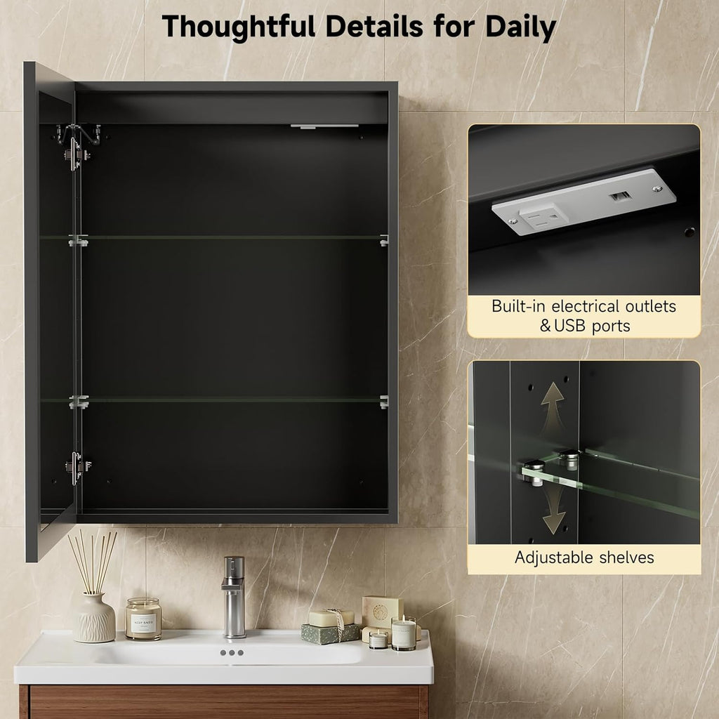 30"x32" Lighted Bathroom Medicine Cabinet, LED Medicine Cabinet Mirror with Electrical Outlet & USB Port, Defogger and Dimmable 3 Colors Adjustment, Aluminum Door Frame-Recessed/Wall Mounted