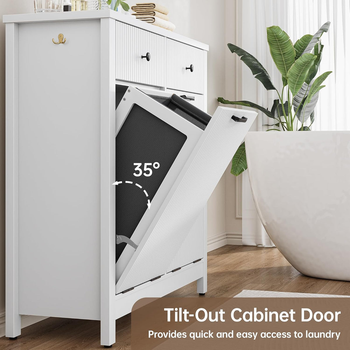 Airynee Double Tilt-Out Laundry Hamper Cabinet with 2 Drawers, 20 Gallon Fluted Trash Can Cabinet with Laundry Basket, Hidden Wood Garbage Can Bin Cabinets for Bathroom & Kitchen, White