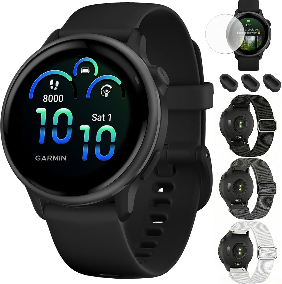 Garmin 010-02985-00 VIVOACTIVE 6 Health and Fitness GPS Smartwatch Black with Silicone Band Bundle with Deco Essentials Nylon Elastic Bands 3 Pack, Dust Cover 3 Pack and Screen Protector 2 Pack