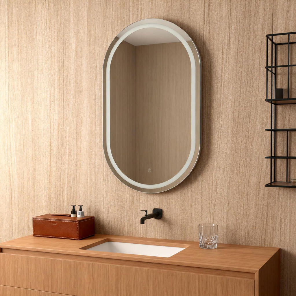 Oval LED Mirror Medicine Cabinet, Wall Mounted Bathroom Storage Cabinet with Tempered Glass Shelves, Metal Frame, Touch Control, 3 Color Temperature Dimmable Lighting, 33.5 x 21 Inch (Black)