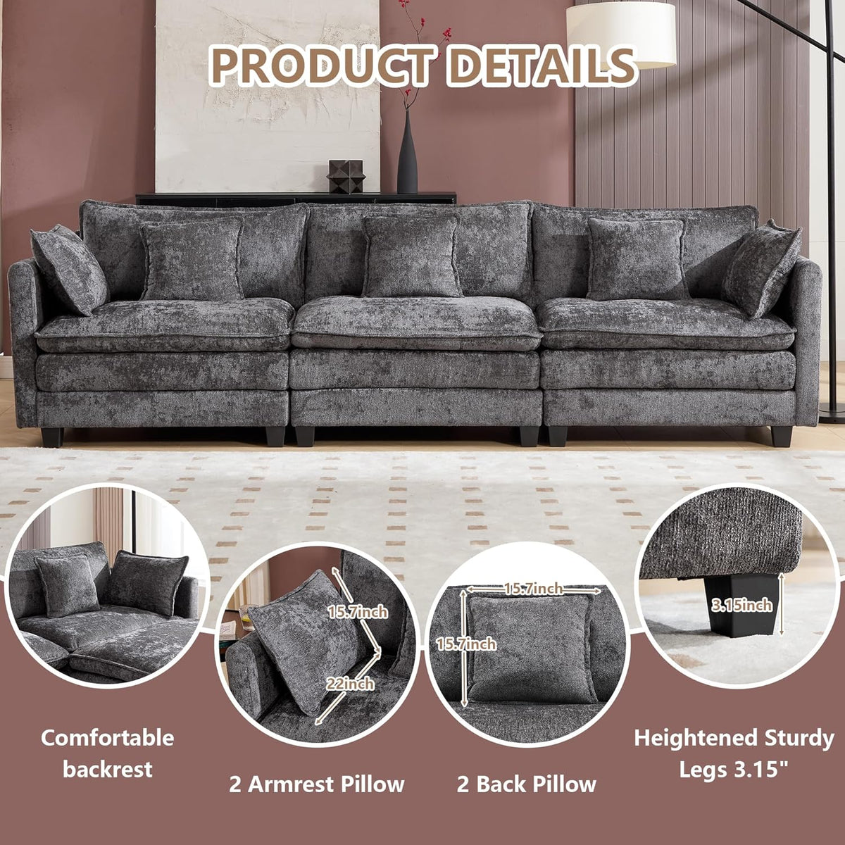 Cloud Modular Sectional Sofa, U-Shaped Deep Seat Oversized Couch for Large Living Room, Pet-Friendly Chenille Fabric Sofa Setfor Family Movie Nights