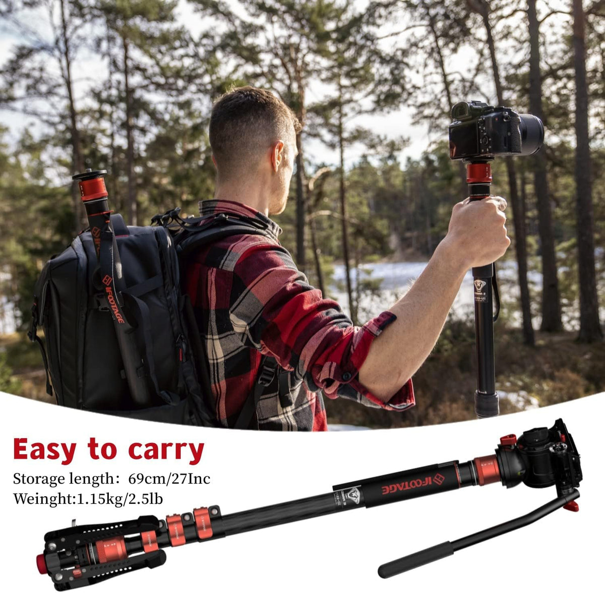 IFOOTAGE Cobra 3 Monopod with Fluid Head,Professional Portable Travel Monopod Set,71" Carbon Fiber Monopod for Cameras with Video Head, Compatible with Sony Canon Nikon Camera,C180F-P&Komodo K5S