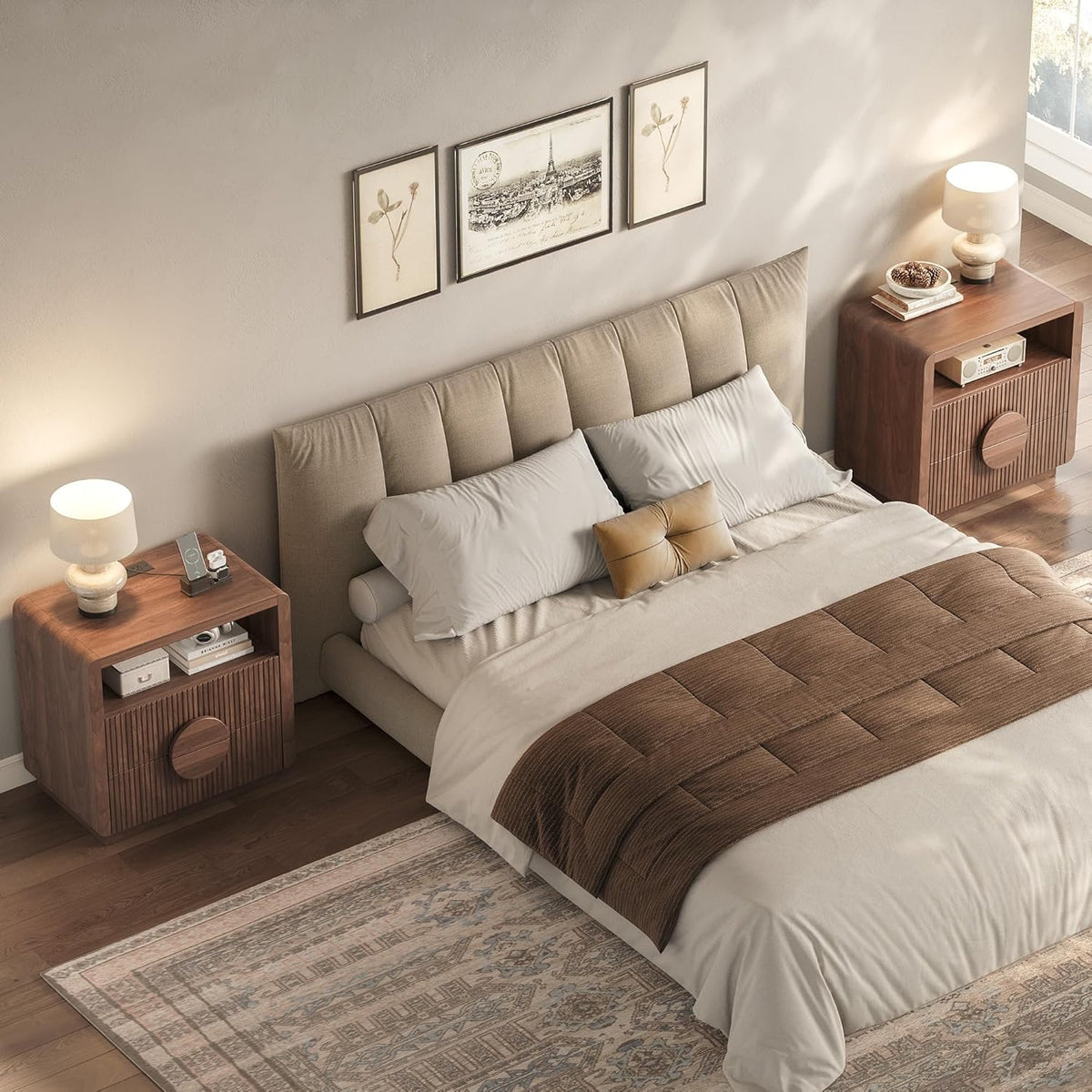 23" Wide Fluted Nightstands Set of 2, Mid Century Bedside Tables with Charging Station, Wood End Table with 2 Drawers and Open Shelf for Bedroom, Home Office, Walnut