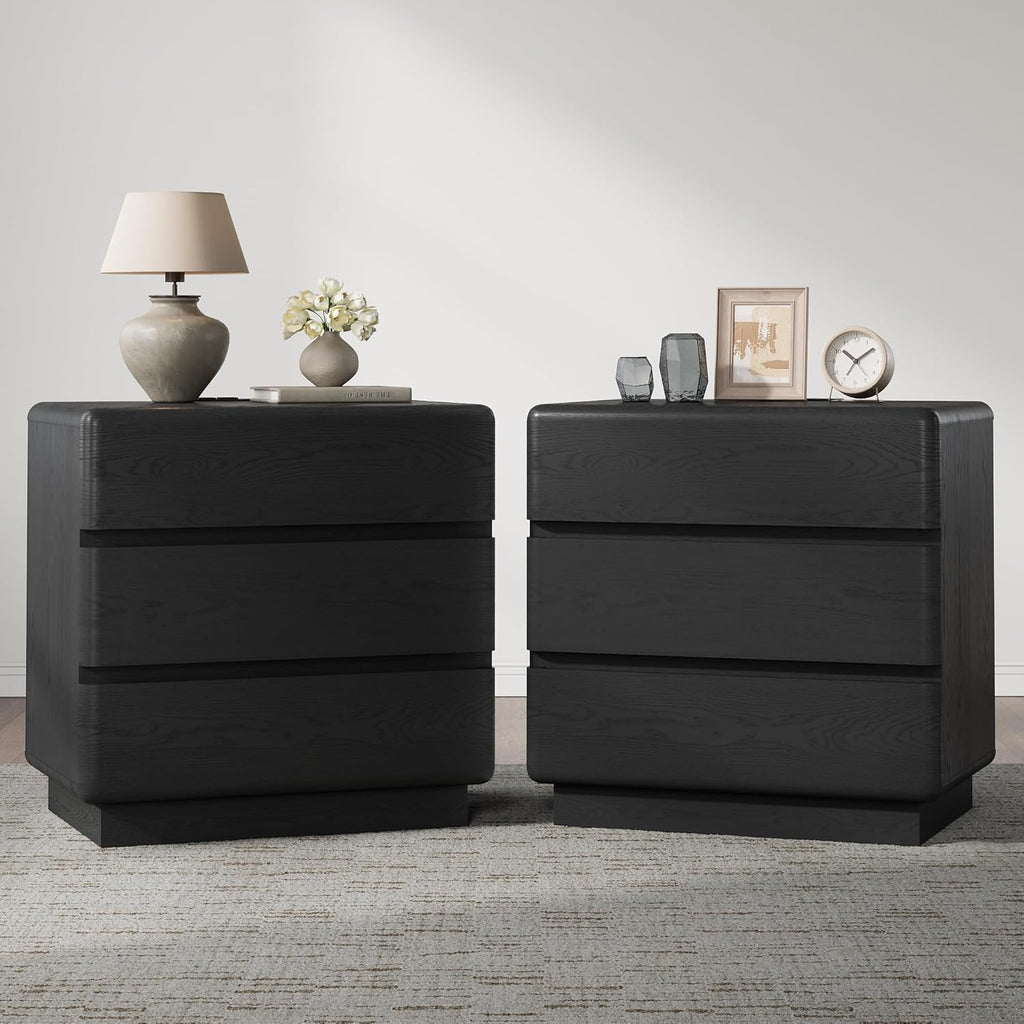 YANSNWO Black Nightstand Set of 2 with Charging Station, 23.6" Modern Night Stand with 3 Storage Drawers, Rounded Corner Design, Bedside Table with Reinforced Thickened Base for Bedroom, Living Room