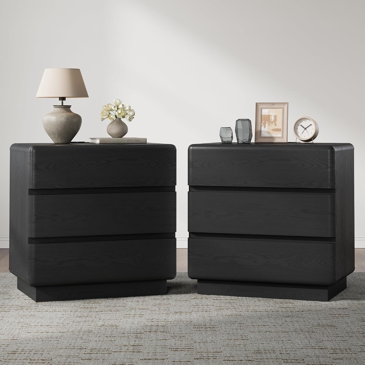 YANSNWO Black Nightstand Set of 2 with Charging Station, 23.6" Modern Night Stand with 3 Storage Drawers, Rounded Corner Design, Bedside Table with Reinforced Thickened Base for Bedroom, Living Room