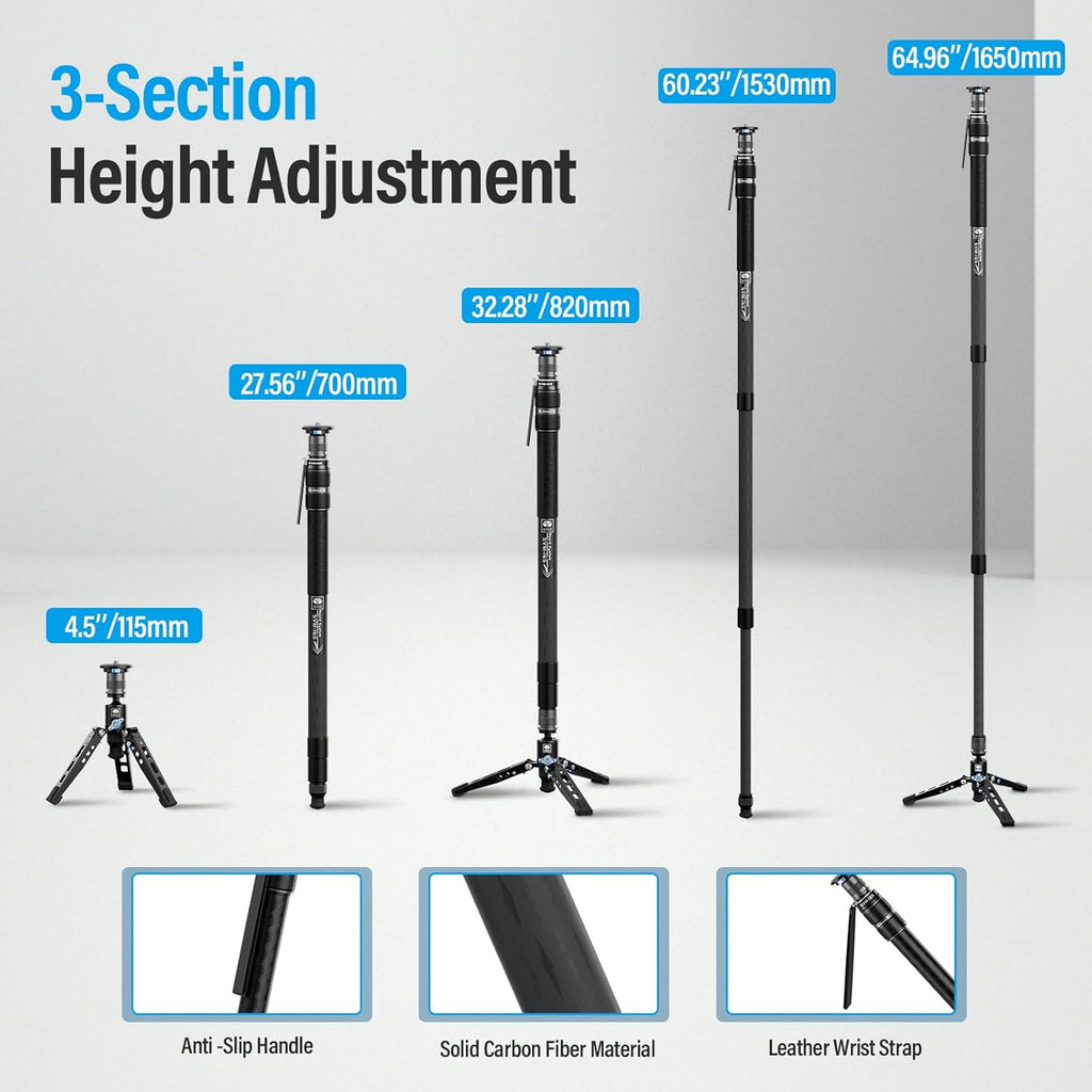 SIRUI SVM-165 Rapid Monopod for Cameras, 65” Carbon Fiber Monopod with Feet, One-Step Rapid Height Adjustment, Lightweight for DSLR Camera, Modular 3 in 1, Max Load 22lbs
