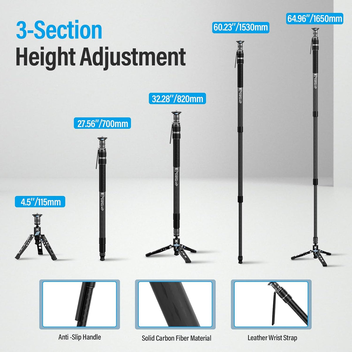 SIRUI SVM-165 Rapid Monopod for Cameras, 65” Carbon Fiber Monopod with Feet, One-Step Rapid Height Adjustment, Lightweight for DSLR Camera, Modular 3 in 1, Max Load 22lbs