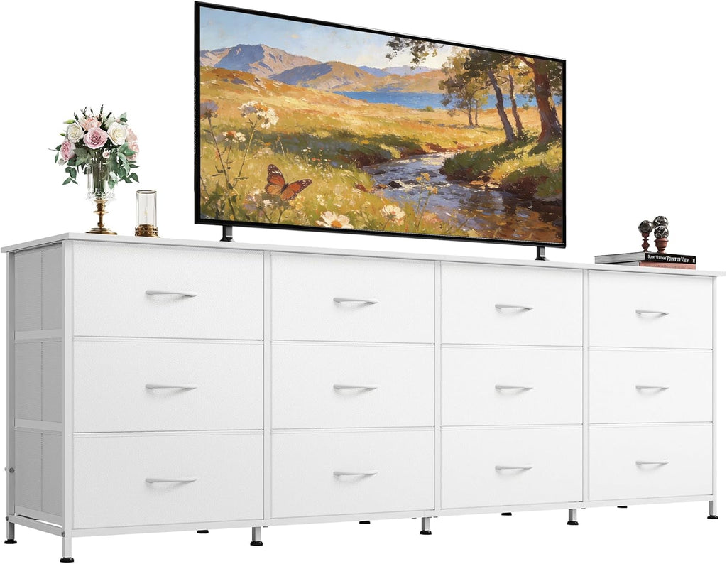 WLIVE 75.5'' White Dresser for Bedroom, TV Stand for 85, 80, 75, 65 Inch TV, 12 Drawer Long Fabric Dresser with Wood Top, Wide Entertainment Center Storage Chest for Living Room, Closet