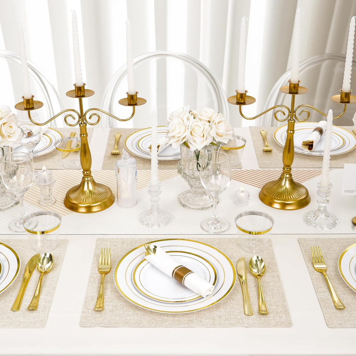 700 PCS Gold Plastic Dinnerware Set for 100 Guests, 200 DisposablePlates for Party, 100 Pre Rolled Napkins with Gold Silverware, 100 Cups