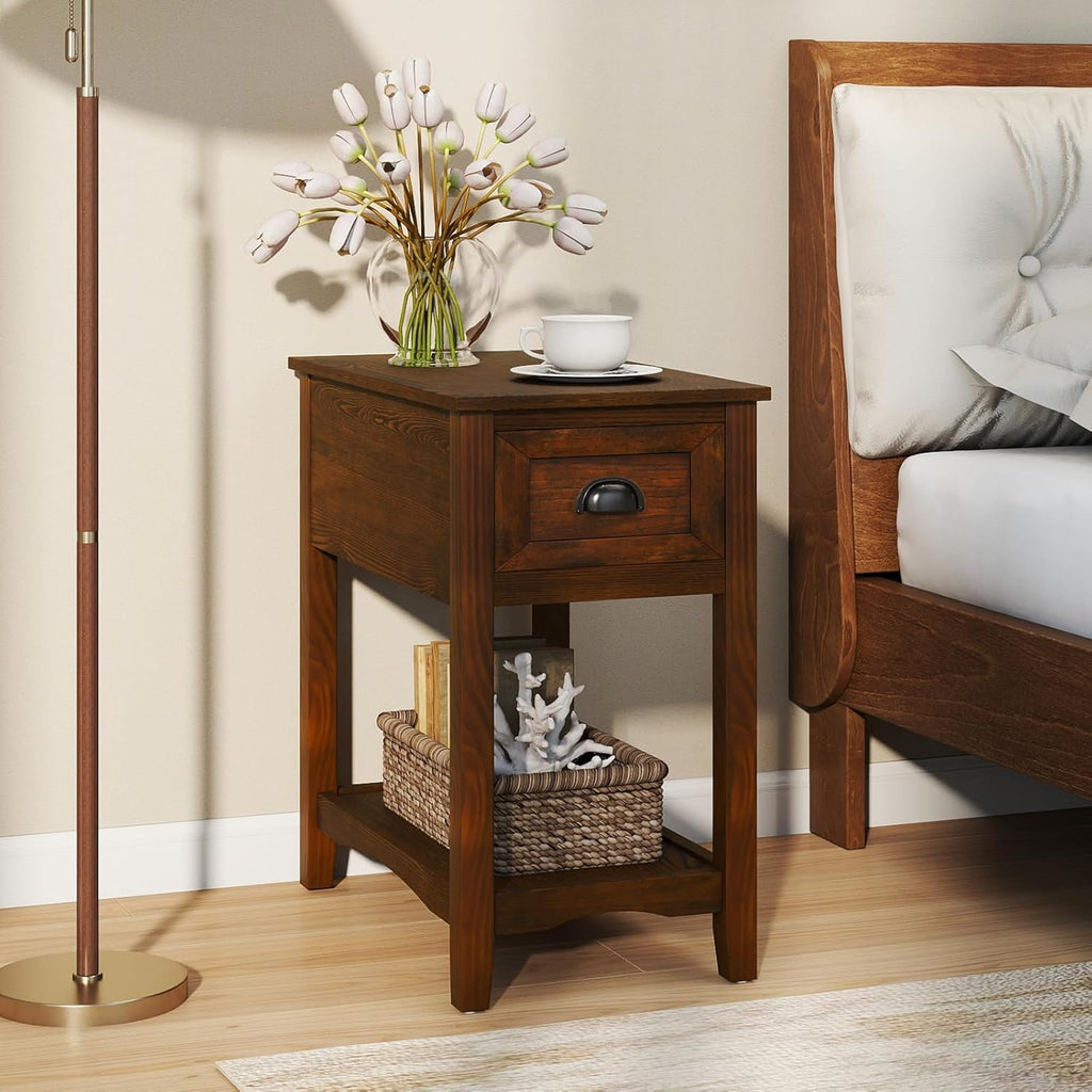 Giantex End Table with Drawer Set of 2, Retro Narrow Side Table, Nightstand with Solid Wood & Storage Shelf, Bedside Table for Living Room Bedroom Small Space Home Office (2, Walnut)