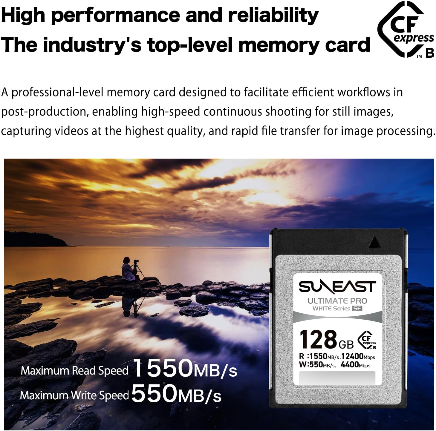 SUNEAST Ultimate PRO White CFexpress Type B, 128GB Memory Card, Up to 1550MB/s Read, 550MB/s Write, TLC 8K Video Card for Professional Cameras, High-Speed CFexpress B, XQD-Compatible, Series SE