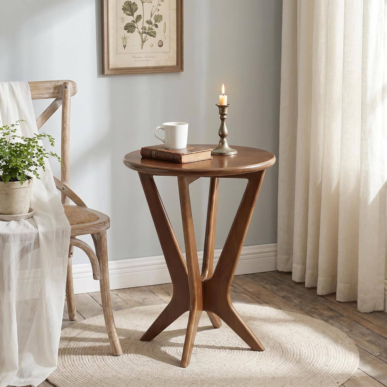 LITTLE TREE Solid Wood Round End Table, 19.7” Vintage Side Table for Small Spaces, Small Round Nightstand Bedside Table for Living Room Bedroom, Brown