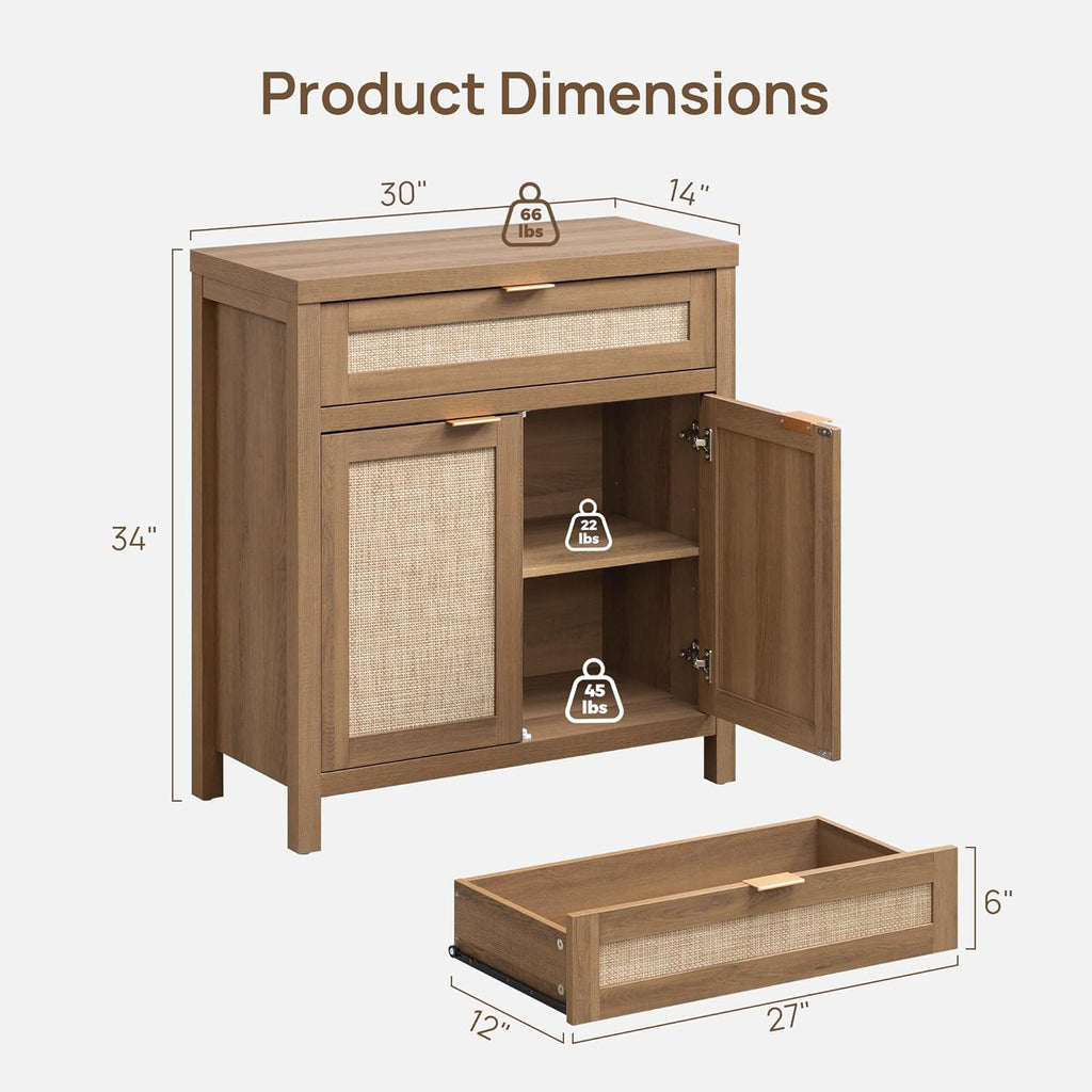 SICOTAS Sideboard Buffet Cabinet Set of 3, Rattan Credenza Storage Cabinet, Boho Buffet Table Console Cabinets with Drawer, Farmhouse Coffee Bar for Living Room, Natural Oak