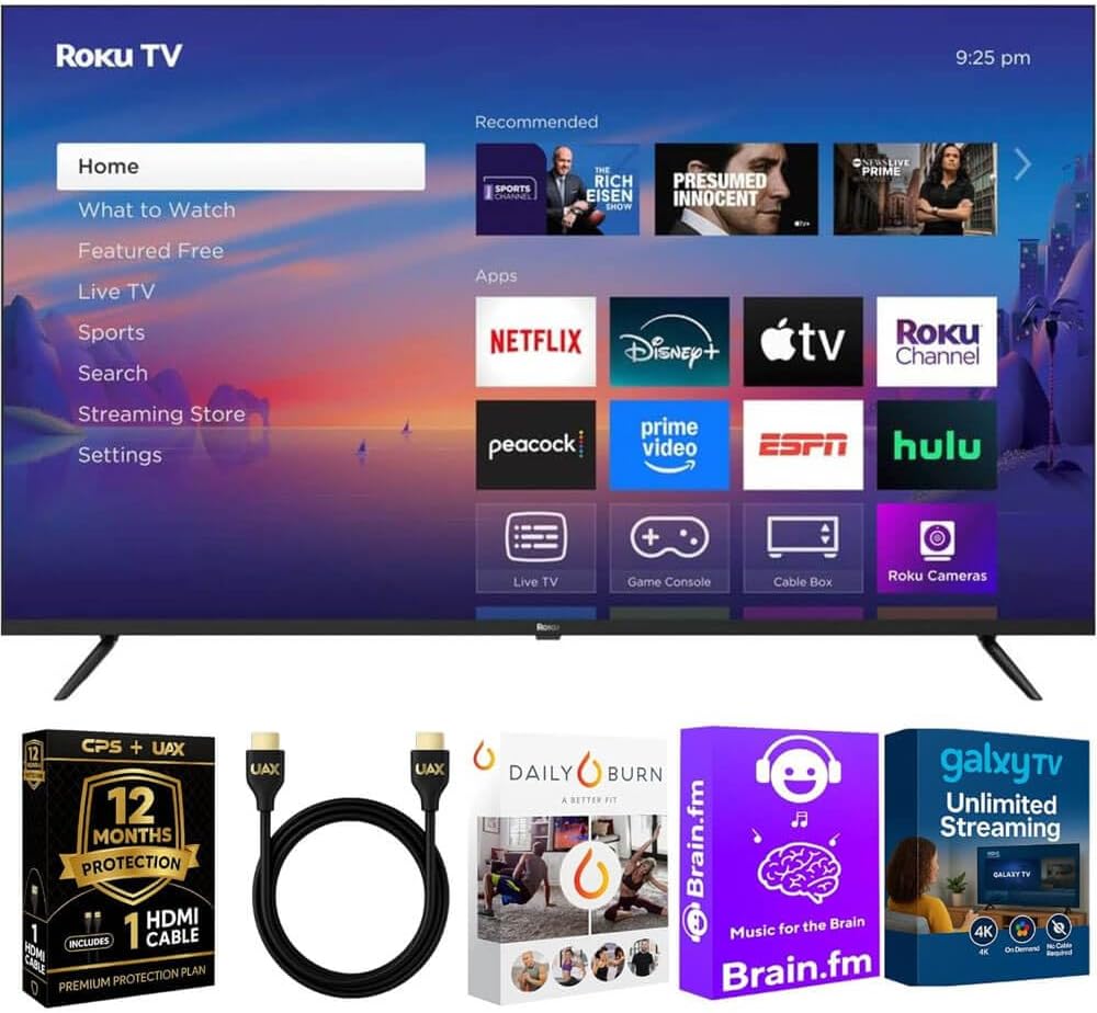 Roku 55-Inch Select Series 4K UHD Smart TV - HDR, Dolby Audio, Compatible with Alexa, Voice Remote, Bluetooth Mode, w/AUX HDMI Cable, CPS 1-Year Protection Plan + Streaming kit
