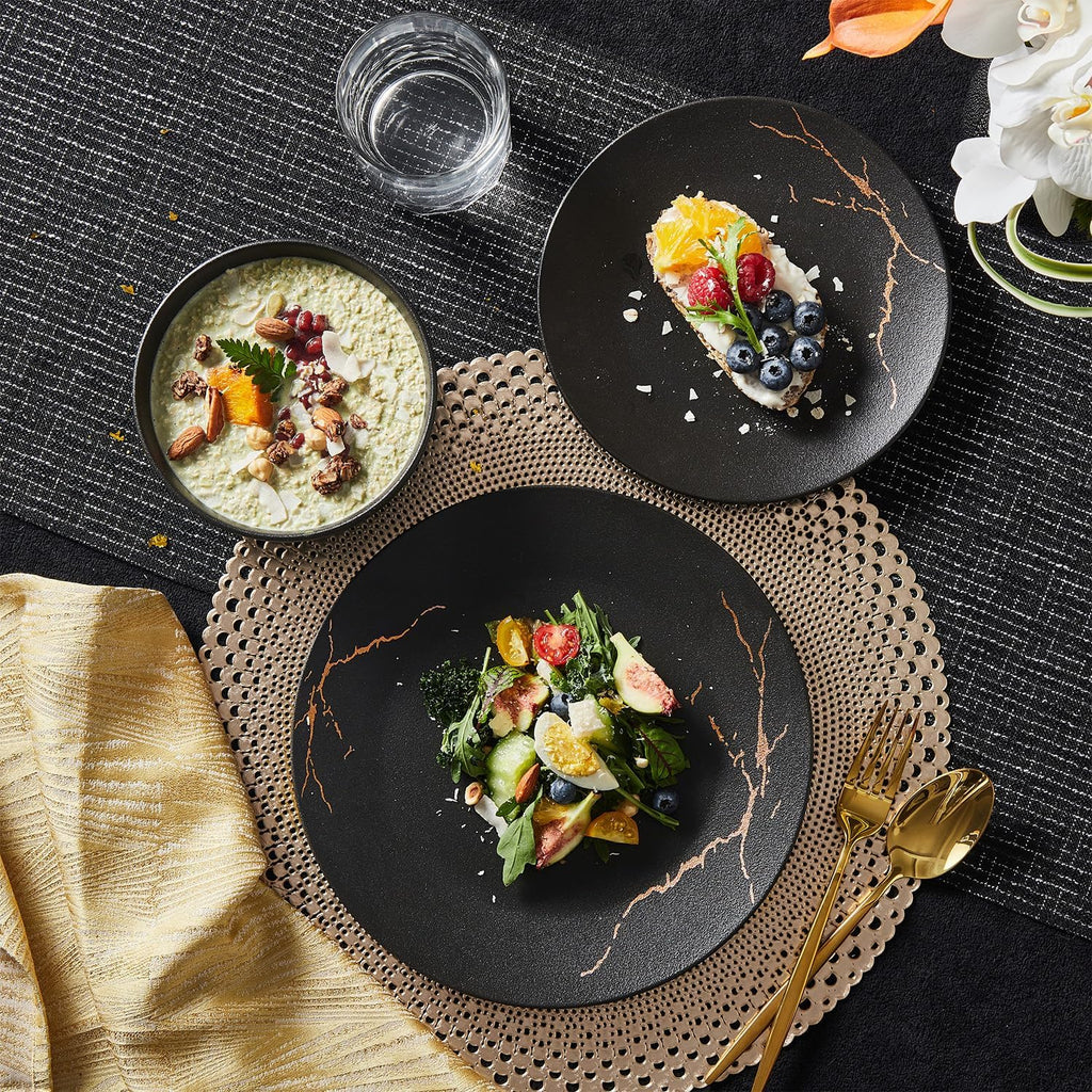 KINGSTONE Dinnerware Sets for 8, Black & Gold Plates and Bowls Sets Matte Vein Dish Set, Modern Luxury Tableware Dinner Salad Plate bowl, for Home Wedding Party Gifts (24 Piece)