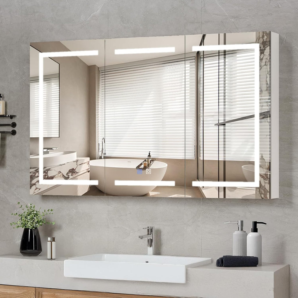 VINGLI 60 x 36 Inch Extra Large Lighted Bathroom Medicine Cabinet with Mirror, Large 3-Door Wall Mounted Bathroom Medicine Cabinet with Lights, Dimmable Mirror with Storage, Built-in Outlet & USB