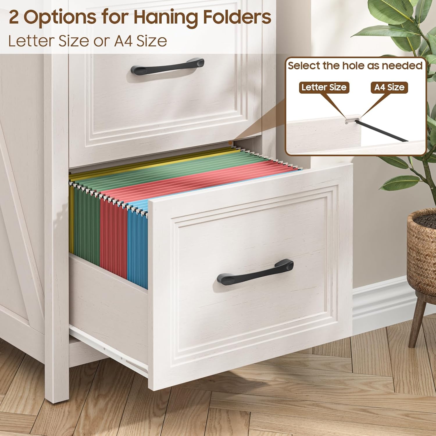 Vabches 2 Drawer Vertical File Cabinet, Wood Farmhouse Filing Cabinet Fits A4/Letter Size, Under Desk Small File Cabinets Printer Stand with Storage for Home Office, White and Brown