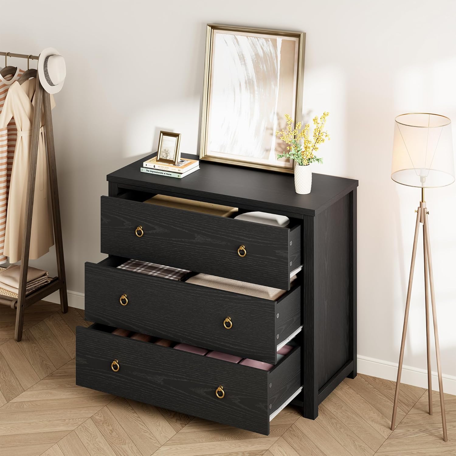 IDEALHOUSE 3 Drawer Dresser for Bedroom, 29" Tall Chest of Drawers, Wood Dresser for Closet, Clothes Storage Cabinet & Drawer Organizer for Living Room, Hallway, Entryway, Black