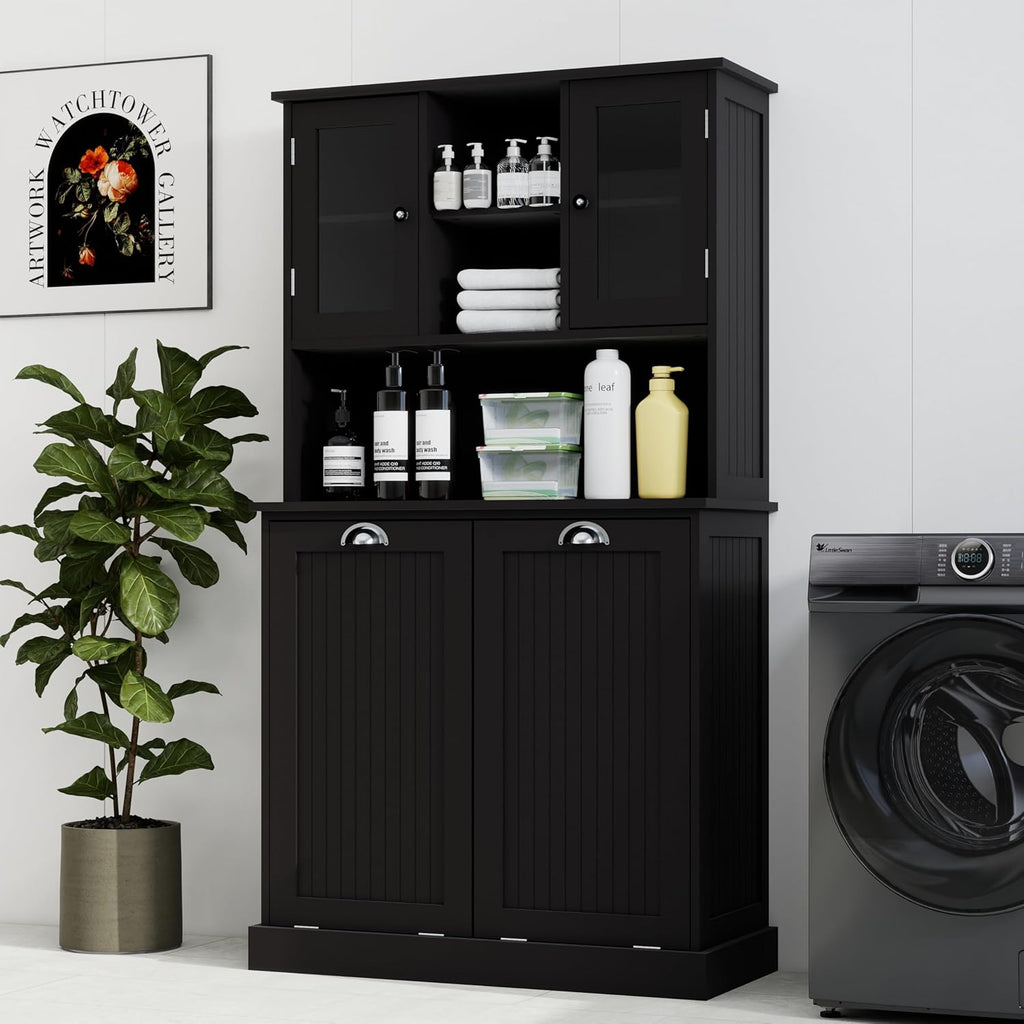 Laundry Hampers 2-Compartment Tilt-Out Laundry Basket Cabinet – Tall Bathroom & Laundry Storage w/ 2 Adjustable Shelves, Space-Saving Durable MDF Organizer for Home, Apartment (Black)