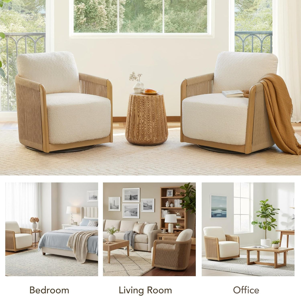 CHITA Braid Swivel Accent Chairs, Modern Comfy Armchair with Transfer-Printed Wood-Like Finish Metal Frame for Living Room and Bedroom, Boho Reading Chair, Cream