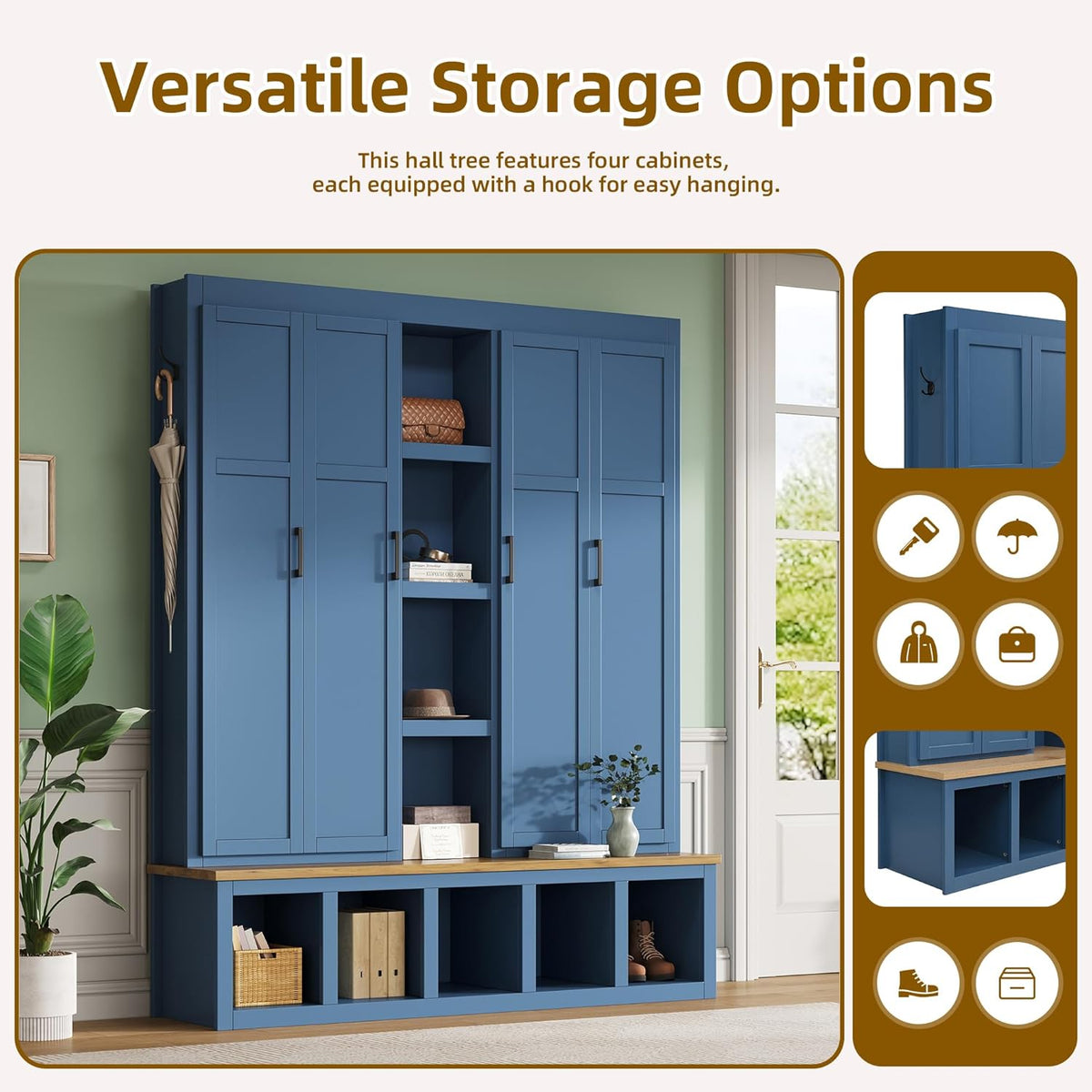 Merax Modern Farmhouse Hall Tree with Bench, 4-in-1 Entryway Storage Cabinet & Shoe Organizer with Hooks, Blue