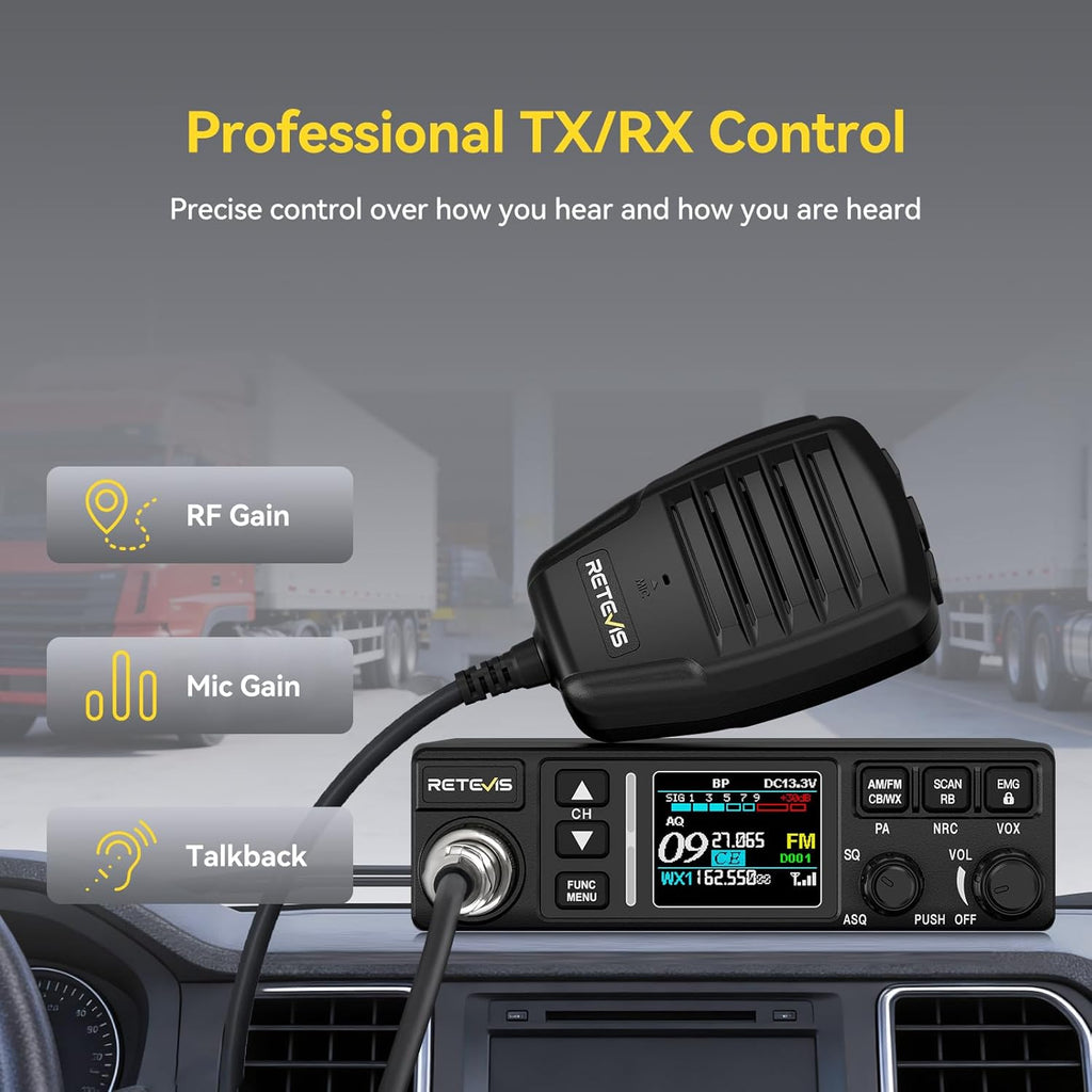 Retevis MB3B CB Radio with Antenna, WX Channel, Adjustable 5-Color LCD, SWR Warning, AM/FM CB Radio for Truck (MB3B-With Antenna)