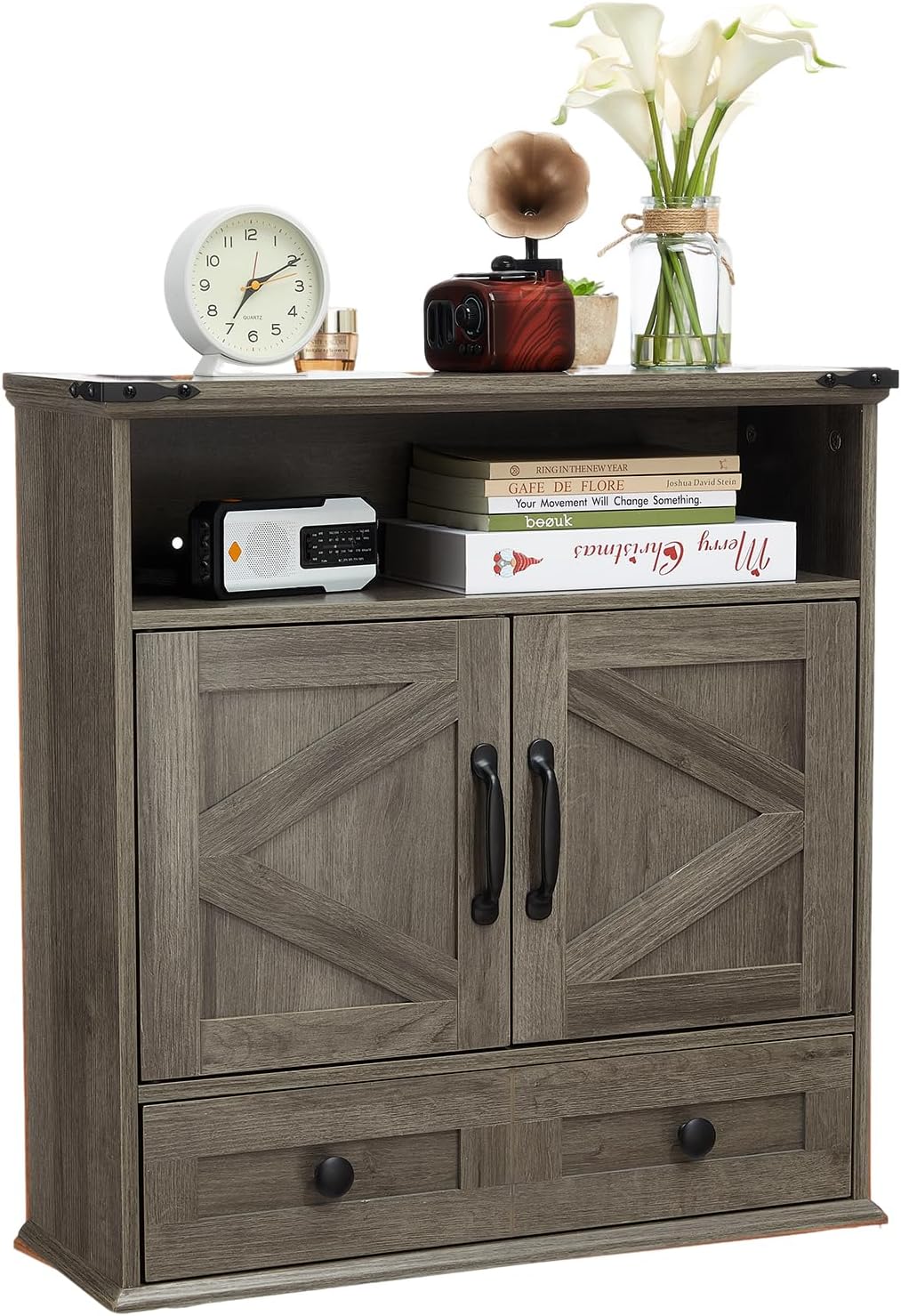 Wall Mounted Bathroom Cabinet with Barn Doors – 25" Wide Medicine Cabinet Over Toilet with Adjustable Shelf & Drawer, Hangging Storage Cabinet for Bathroom, Kitchen, Laundry, Entryway, Gray