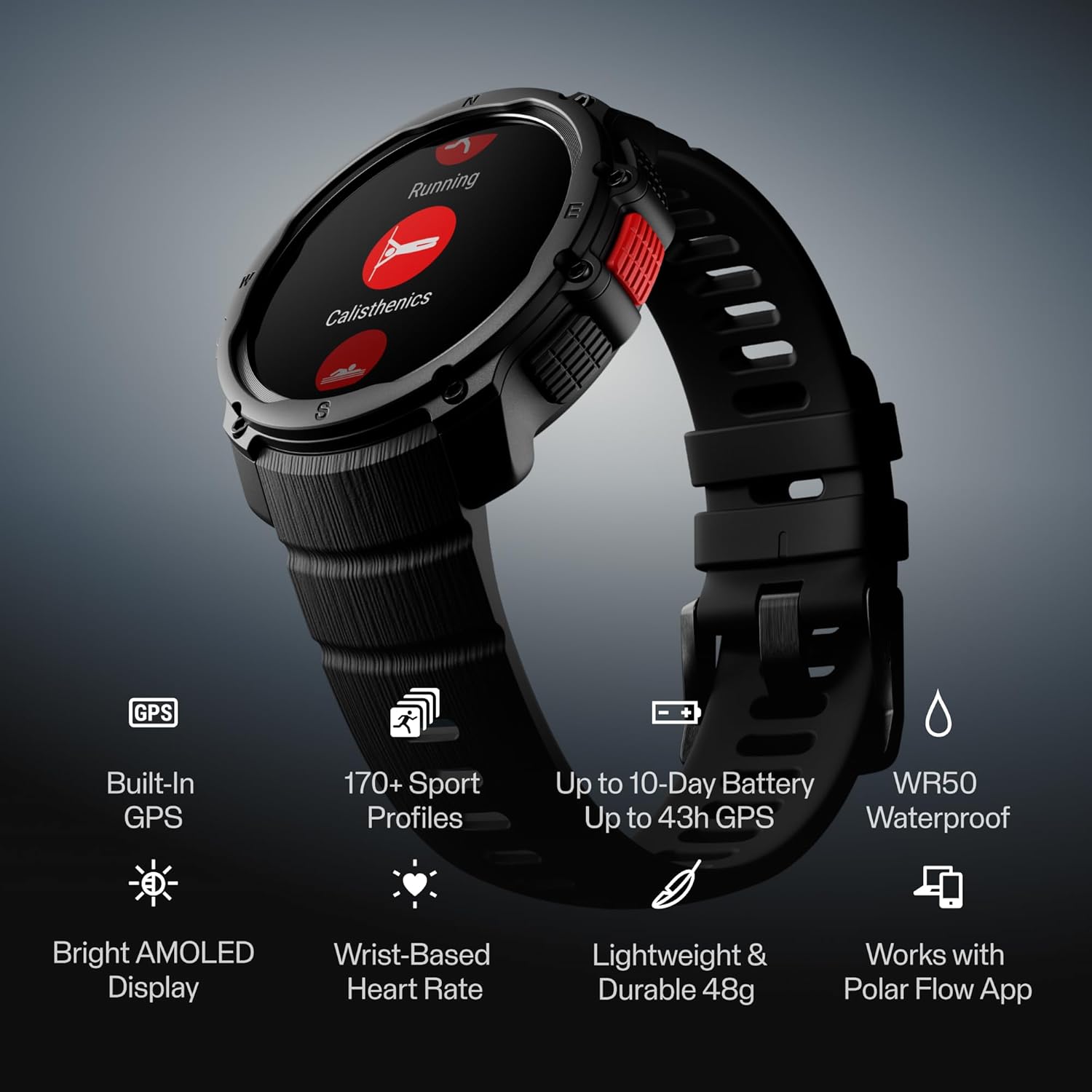 Polar Street X – GPS Running Sports Watch – Rugged Waterproof – 170+ Sport Profiles – 10 Day Battery – AMOLED Display – Wrist Based Heart Rate Monitor – Built-in Flashlight