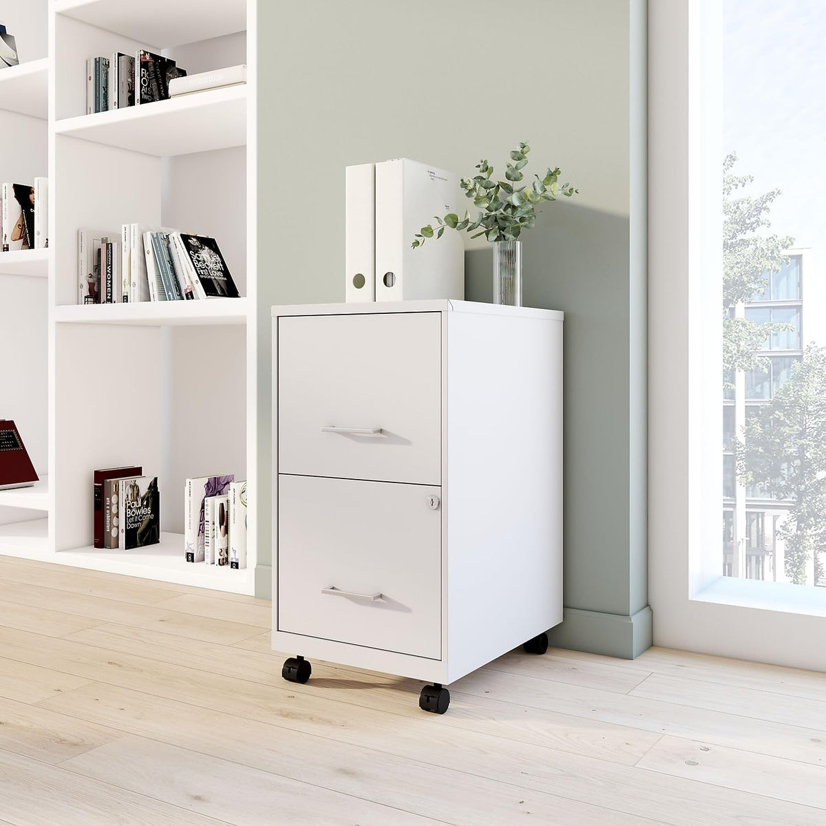 Staples 2-Drawer Vertical File Cabinet, Letter Size Documents, Lockable & Mobile, 18.9" D x 14.3" W x 26.3" H, White