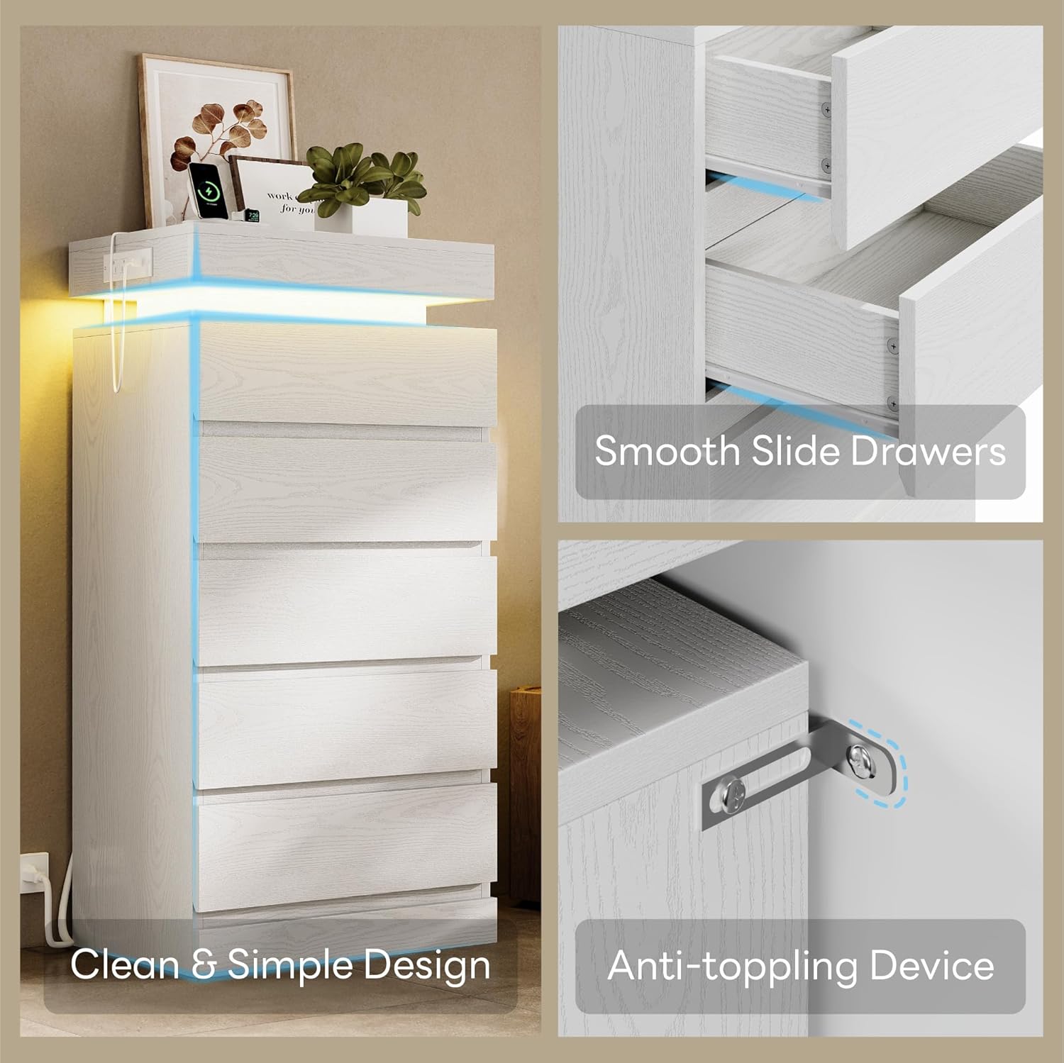 LIKIMIO 54" Tall 5 Drawer Dresser for Bedroom, White Dresser with LED Light and Power Outlet, Wooden Modern Chest of Drawers for Living Room, Entryway, Hallway