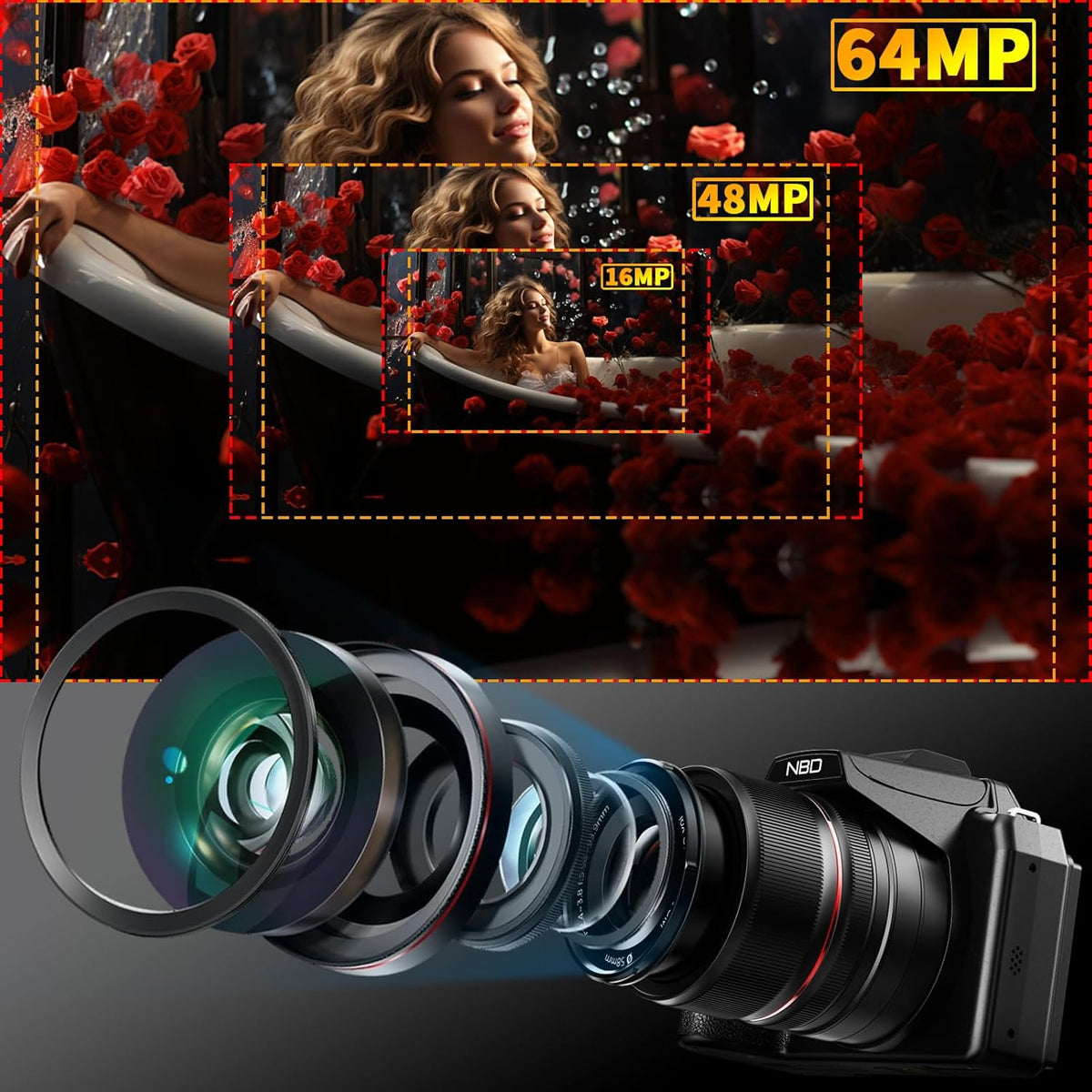 NBD 64MP Digital Cameras for Photography,8K Vlogging Cameras for YouTube,16X Optical Zoom Travel Point and Shoot Digital Cameras Fotograficas with 180°Flip Screen,58mm UV Lens,2 Batteries（Black）