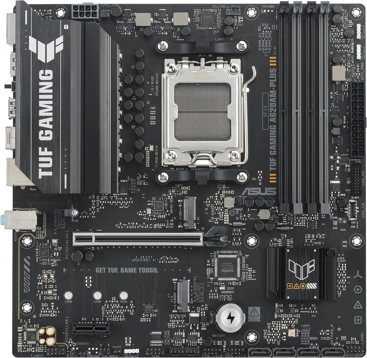 TUF Gaming A620AM-PLUS WiFi AMD A620A mATX Motherboard, 8+2+1 Power Stages, DDR5, PCIe 4.0, Dual M.2 Slots, WiFi 6, 2.5Gb Ethernet, Dual DisplayPort, HDMI, Rear USB-A 10Gbps, Front USB-C 10Gbps