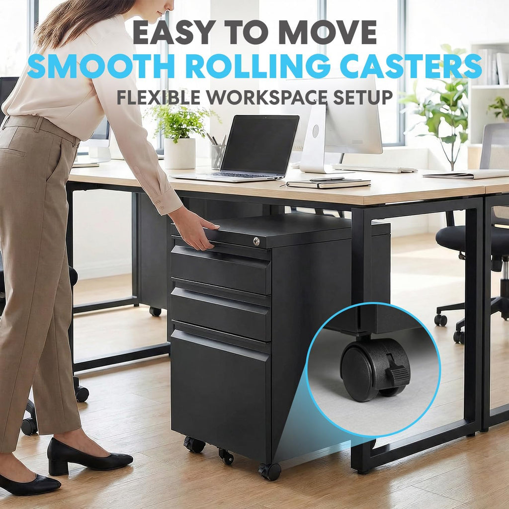 SIMPLI-Magic 3-Drawer Mobile File Cabinet with Lock - Under Desk Rolling Metal Filing Cabinet, Letter/Legal/A4, Fully Assembled, Home Office Organizer, Black