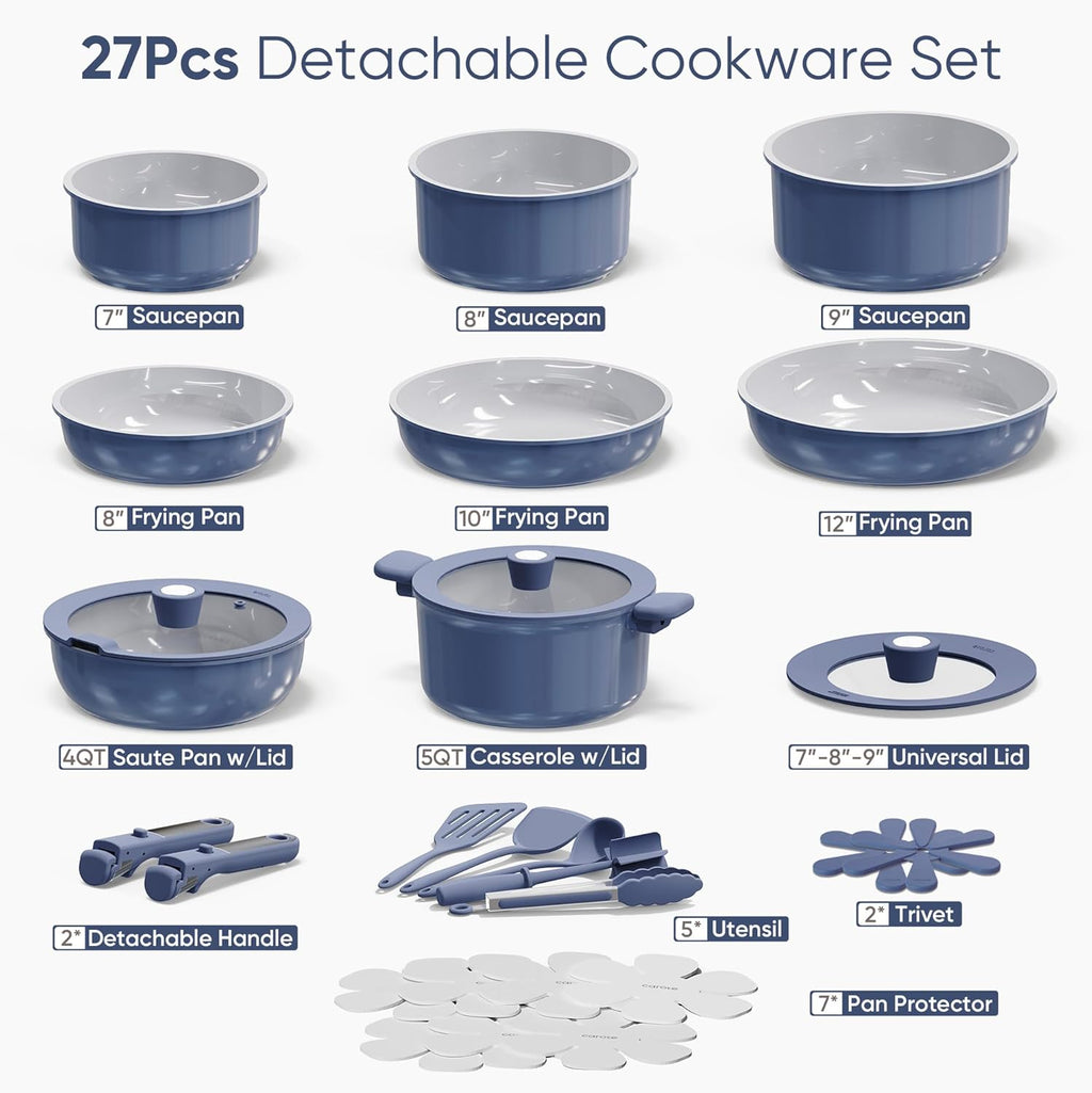 CAROTE 27pcs Ceramic Cookware Set Nonstick, Pots and Pans Set Non Stick, Non Toxic Cookware Detachable Handles, Dishwasher/Oven Safe, RV/Camping Cookware with Kitchen Utensils, Blue