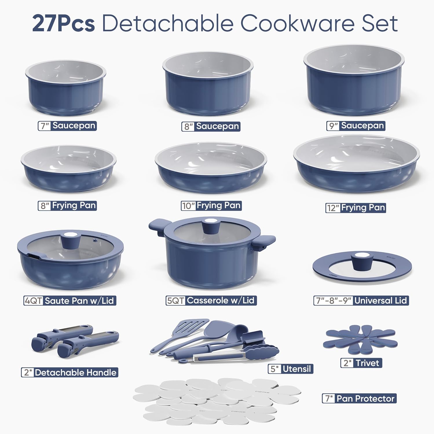 CAROTE 27pcs Ceramic Cookware Set Nonstick, Pots and Pans Set Non Stick, Non Toxic Cookware Detachable Handles, Dishwasher/Oven Safe, RV/Camping Cookware with Kitchen Utensils, Blue
