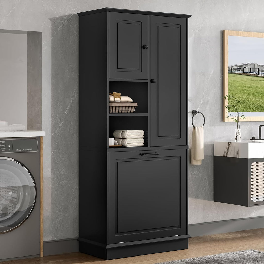 Virubi Tall Laundry Cabinet with Tilt Out Hamper, Doors, and Adjustable Shelves,Wood Laundry Room Cabinets,for Bathroom Storage Organization, Freestanding (Black)