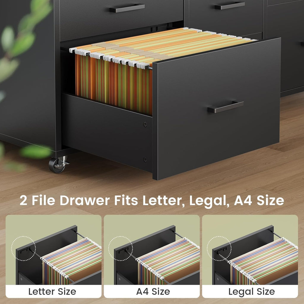 SEDETA 6 Drawer File Cabinet with Power Strip, 47" Wood Mobile Lateral Filing Cabinet fits Legal/Letter/A4 Size for Home Office, Printer Stand with Storage Shelf and Led Lights, Black