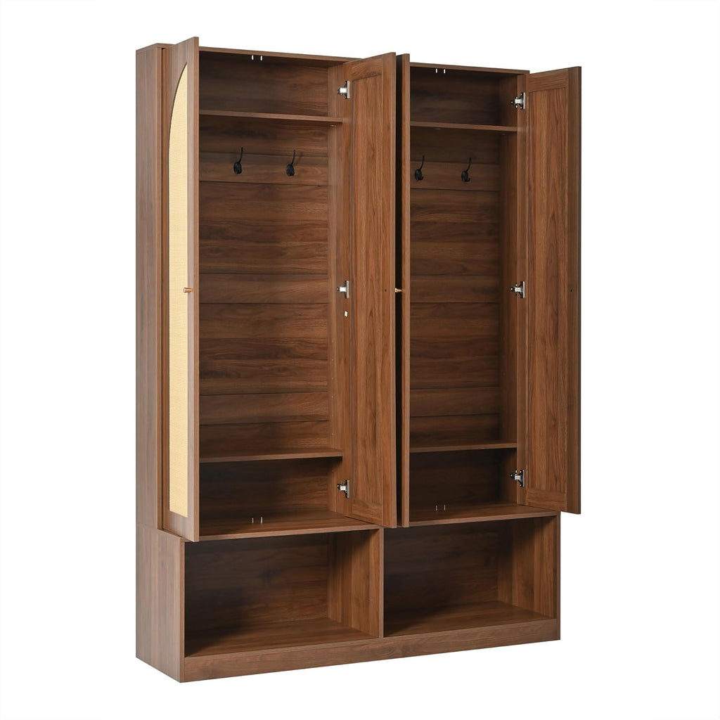 LUMISOL Wide Entryway Hall Tree with Storage Bench and 4 Rattan Doors, 78.7”H Farmhouse Entryway Coat Rack with 6 Hidden Hooks, 4-in-1 Mudroom Organizer with Adjustable Shelf, for Living Room, Walnut